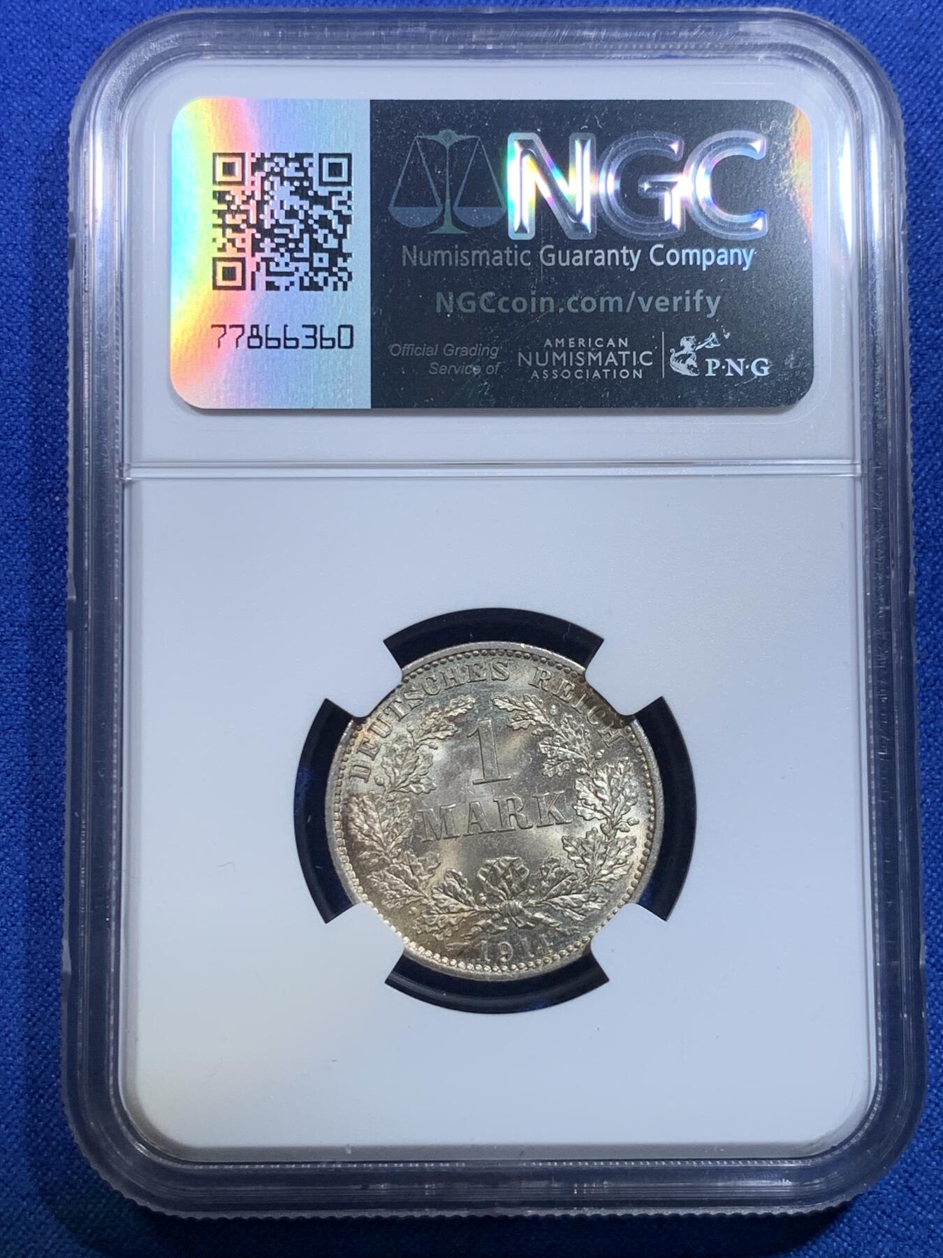 《竞宝斋》第279场- 周日，周一 ，周二3场连拍 （全场包邮） NGC-MS65 德国1914-D 1马克银币 转光特猛，浅黄油包浆，脱模剂依稀可见，出厂状态。