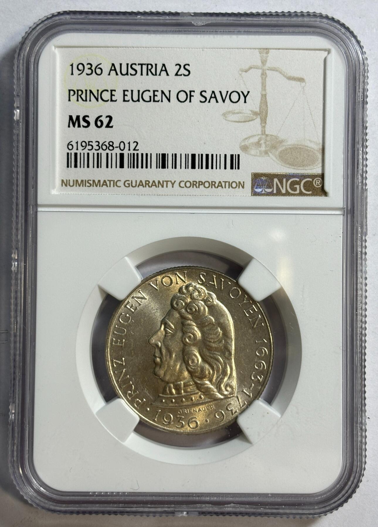 紫瑗钱币——第420期 奥地利 1936年 萨沃伊王子 2先令 银币 NGC MS62