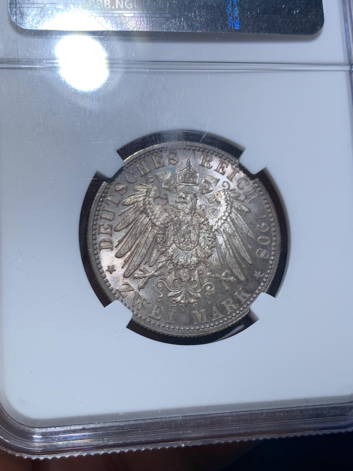 《竞宝斋》第279场- 周日，周一 ，周二3场连拍 （全场包邮） 亚军分！NGC MS64 德国 1908年 符腾堡 威廉二世 2马克银币 顶级高分转光