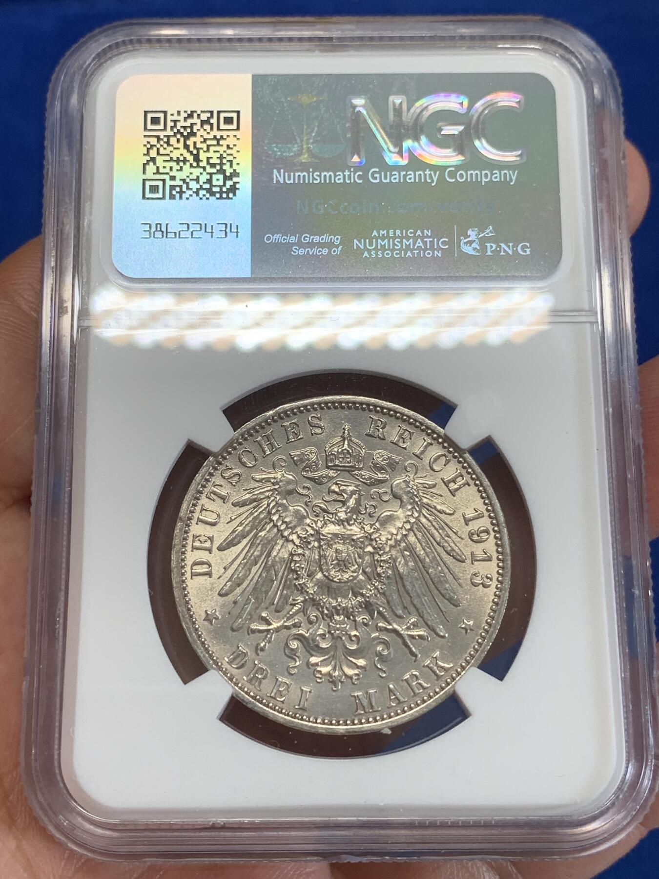 《竞宝斋》第279场- 周日，周一 ，周二3场连拍 （全场包邮） NGC UNC   德国1913年建功碑3马克银币