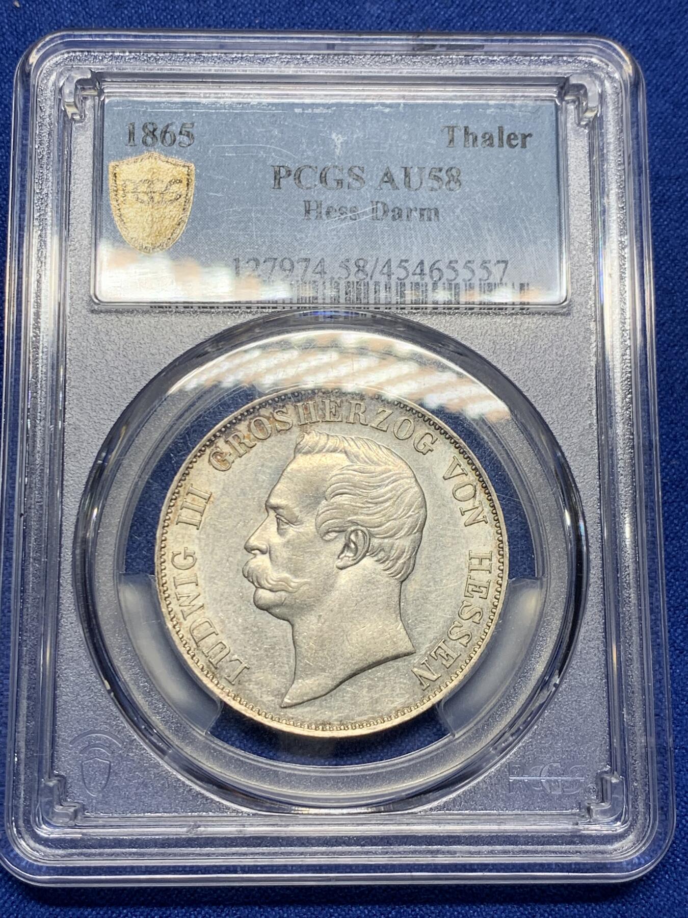 《竞宝斋》第279场- 周日，周一 ，周二3场连拍 （全场包邮） 冠军分！PCGS AU58 德国 1865年 黑森达姆施塔特 1泰勒银币 Stack拍卖2022/11/17成交价1186