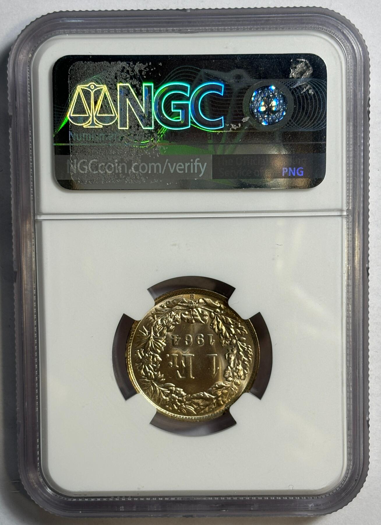 紫瑗钱币——第420期 瑞士 1964年 B版 赫尔维蒂亚 1法郎 银币 NGC MS65