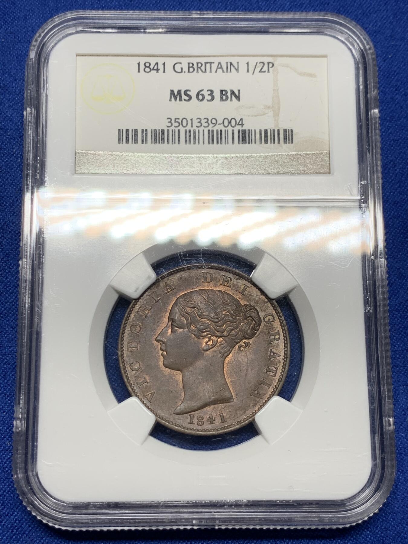 《竞宝斋》第279场- 周日，周一 ，周二3场连拍 （全场包邮） NGC MS63BN 英国1841小维半便士铜币 年轻版 1841早期年份 中心部位铜光犹存，发丝胸口高点犀利，状态极佳。老盒严评，不容错过