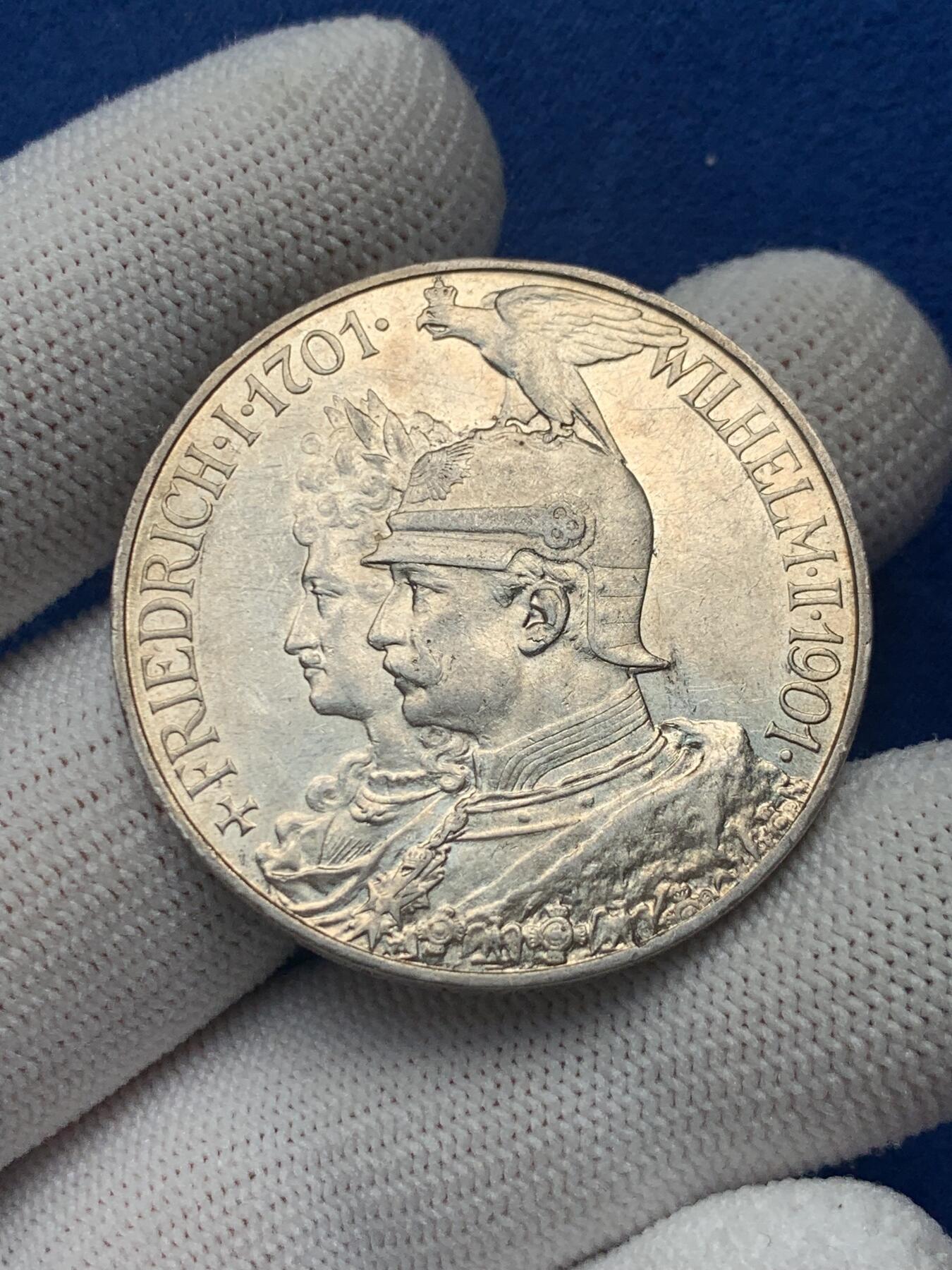 《竞宝斋》第279场- 周日，周一 ，周二3场连拍 （全场包邮） 德国1901年普鲁士建国5马克银币 无磕带转光 细节清晰