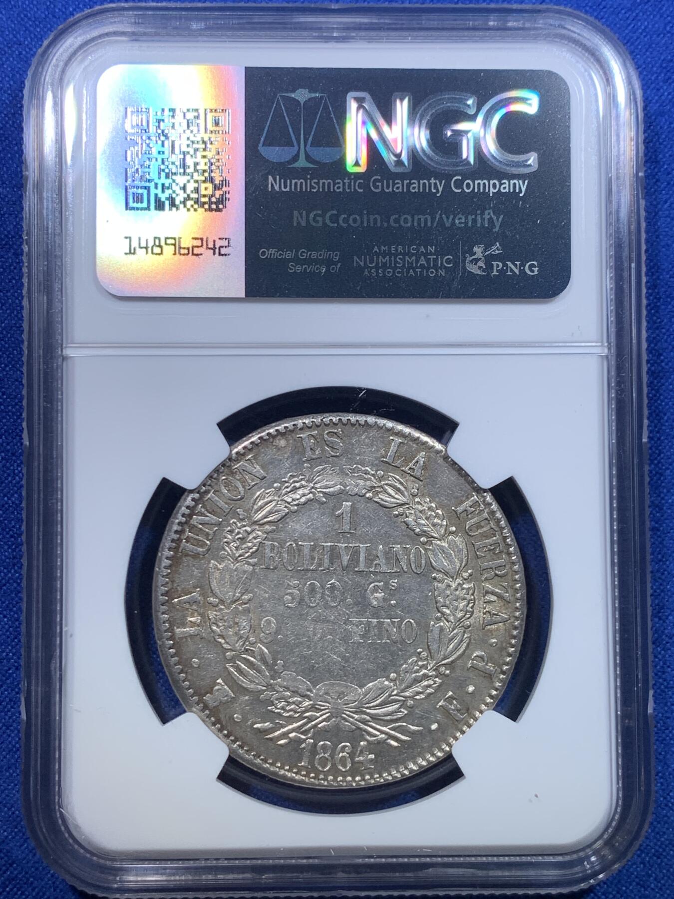 《竞宝斋》第279场- 周日，周一 ，周二3场连拍 （全场包邮） NGC AU55 1864年玻利维亚1玻大银币 该版首发年份，不是常见后期年份，好品很少，快速上涨的南美币品种