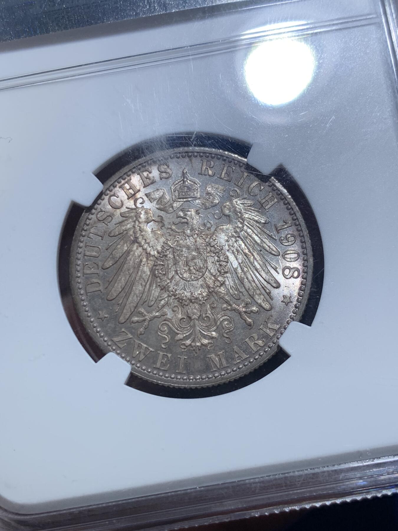 《竞宝斋》第279场- 周日，周一 ，周二3场连拍 （全场包邮） 亚军分！NGC MS64 德国 1908年 符腾堡 威廉二世 2马克银币 顶级高分转光