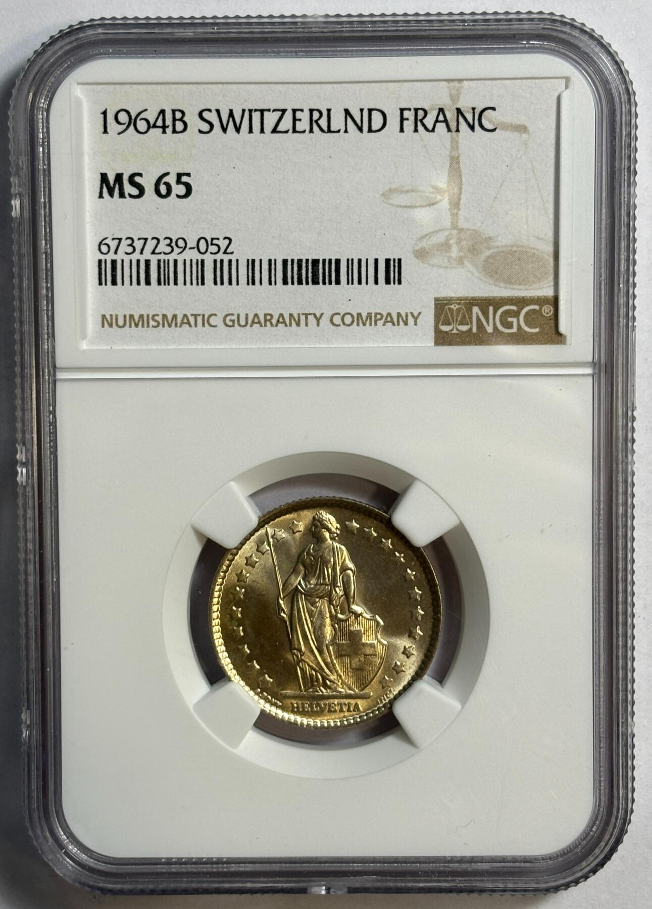 紫瑗钱币——第420期 瑞士 1964年 B版 赫尔维蒂亚 1法郎 银币 NGC MS65