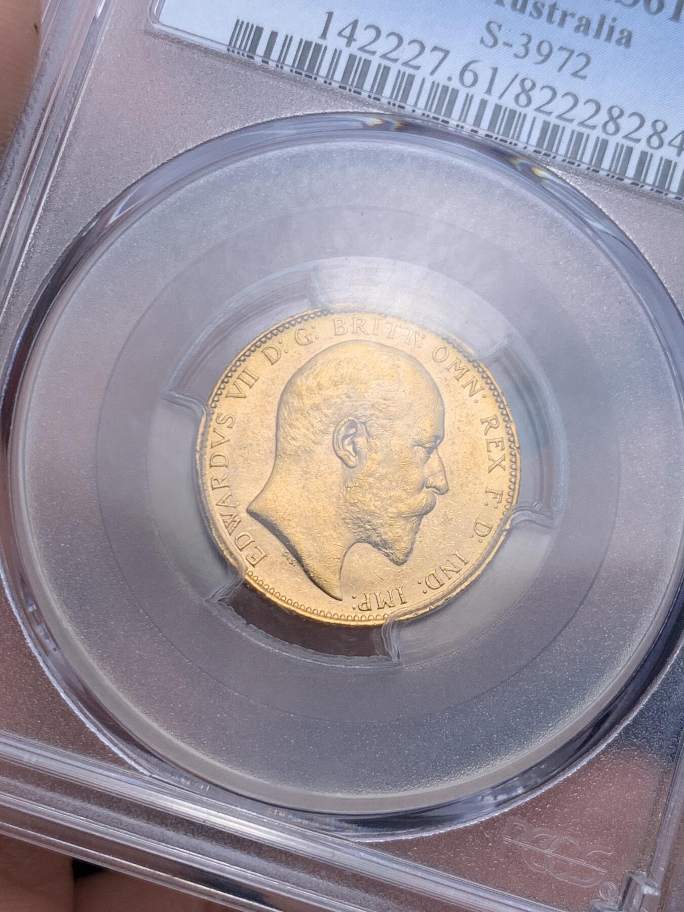 《竞宝斋》第279场- 周日，周一 ，周二3场连拍 （全场包邮） PCGS MS61 英属澳大利亚1904年爱德华七世1索维林马剑金币珀斯厂 7.9881g 91.7%金 十分少见的爱德华七世澳大利亚金币