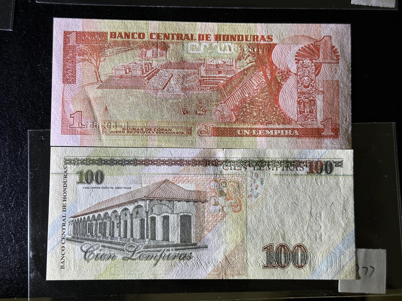 《外钞收藏家》第三百八十一期（美洲小专场） 洪都拉斯1994-2003年版小套2枚，1/100元	P76-77  全新UNC