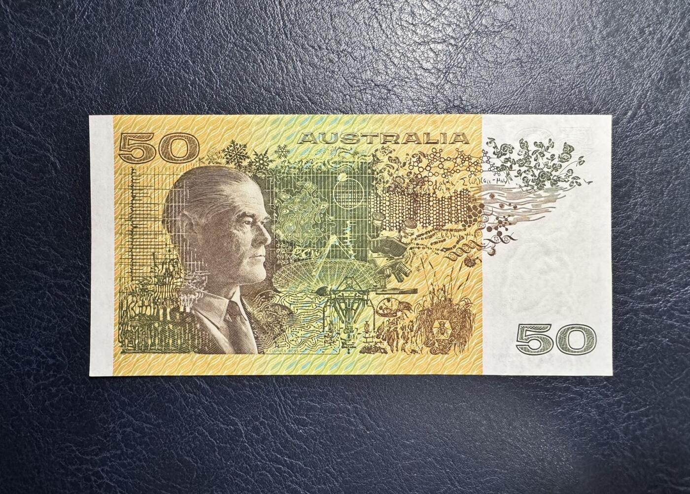 收藏联盟Quantum Auction 第354期拍卖  澳大利亚1973-94年50元 品相AU-  号码无4 青霉素萃取提纯并投入临床应用者 弗洛里