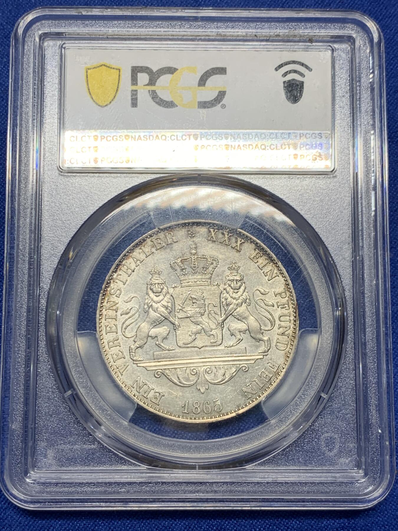 《竞宝斋》第279场- 周日，周一 ，周二3场连拍 （全场包邮） 冠军分！PCGS AU58 德国 1865年 黑森达姆施塔特 1泰勒银币 Stack拍卖2022/11/17成交价1186