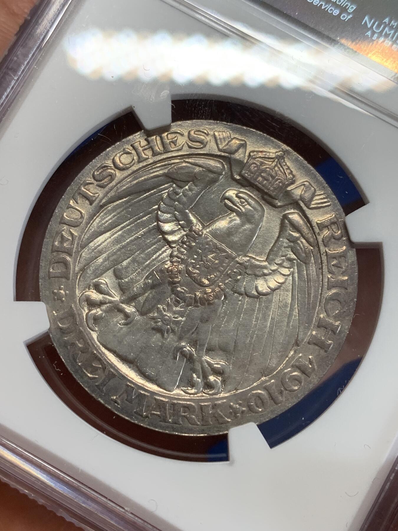 《竞宝斋》第279场- 周日，周一 ，周二3场连拍 （全场包邮） NGC MS62  德国1910年柏林大学3马克银币