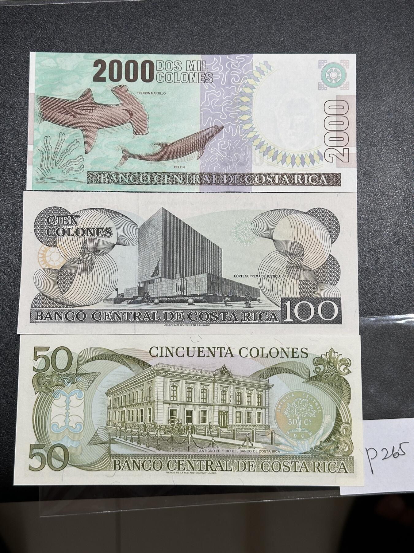 《外钞收藏家》第三百八十一期（美洲小专场） 哥斯达黎加小套3枚，50/100/2000克伦	P257-265  全新UNC
