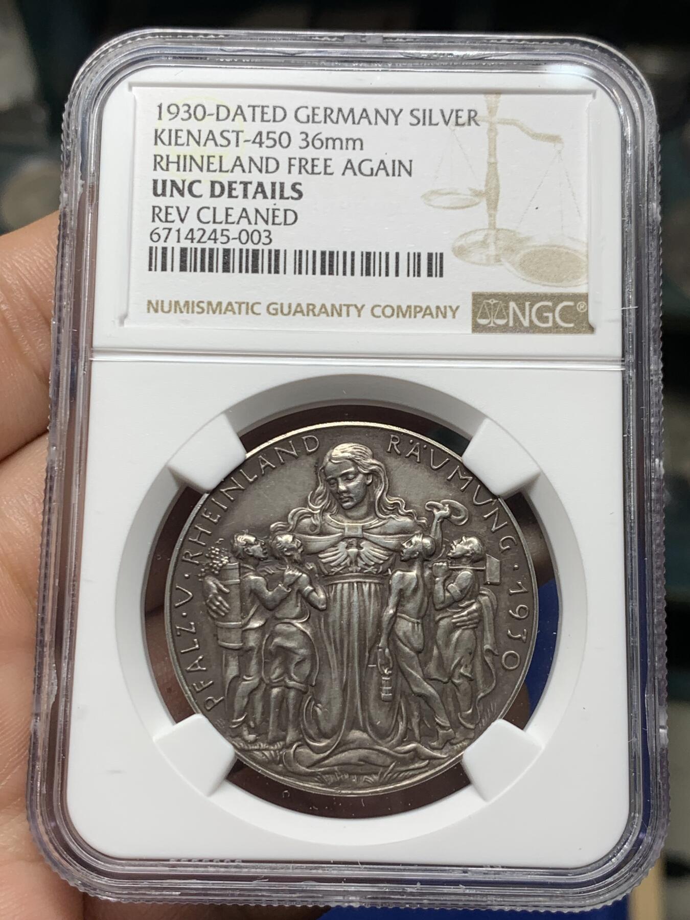 《竞宝斋》第279场- 周日，周一 ，周二3场连拍 （全场包邮） NGC UNC 1930年德国莱茵回归海神波塞冬大银章  经典品种，艺术性极佳，低评错杀，状态很好