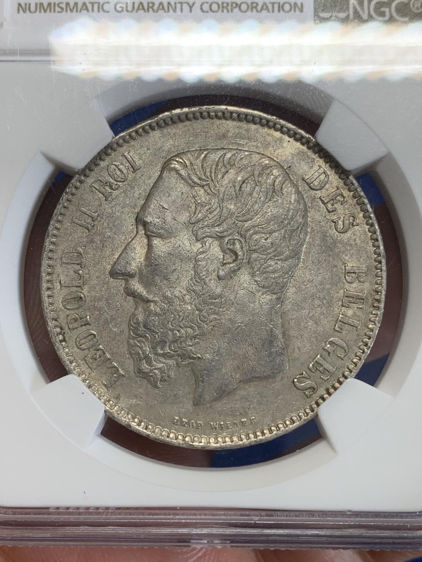 《竞宝斋》第279场- 周日，周一 ，周二3场连拍 （全场包邮） NGC UNC   比利时1873年利奥波德二世5法郎银币