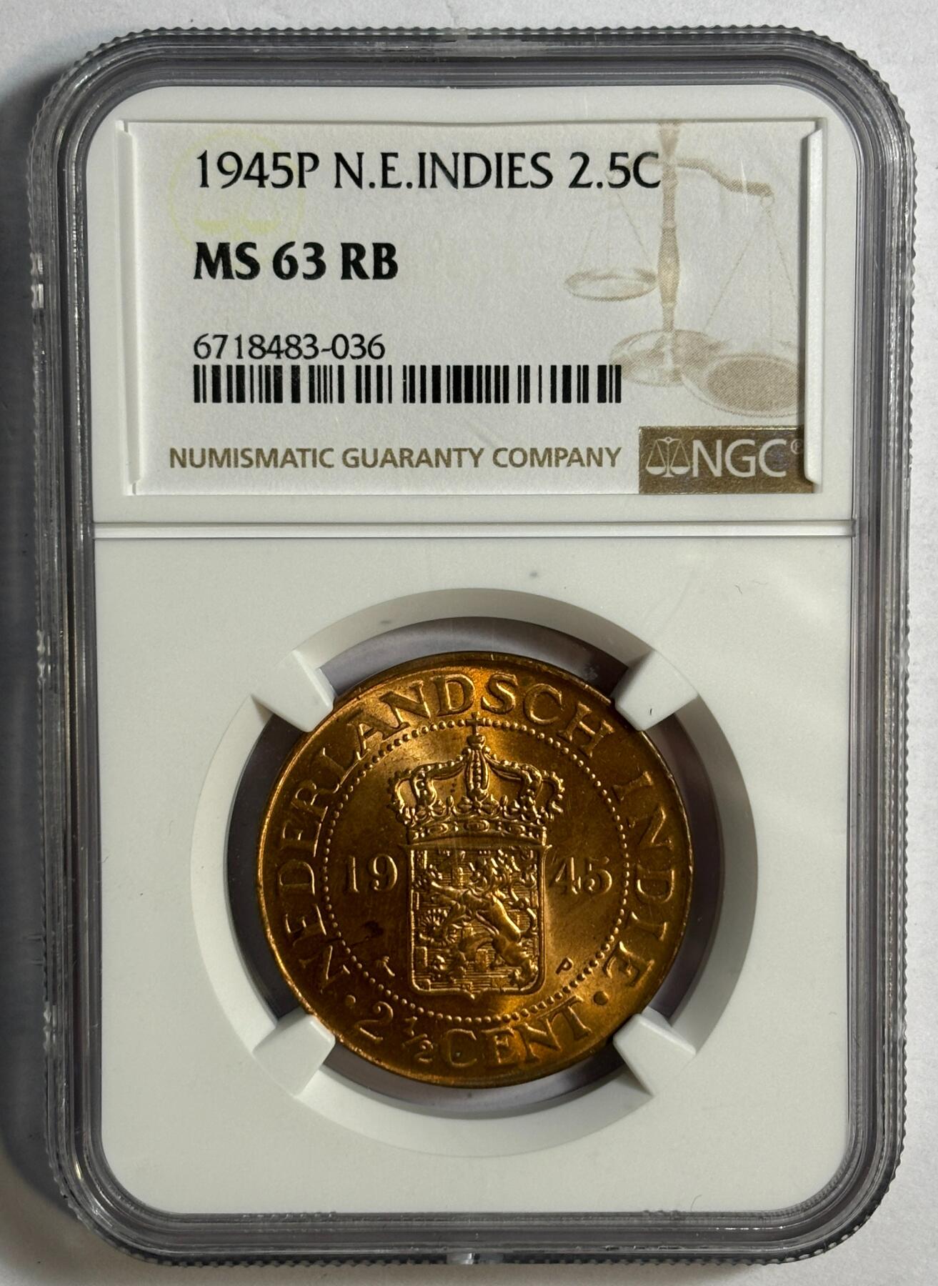 紫瑗钱币——第384期拍卖  荷属东印度 1945年 P版 2.5分 铜币 NGC MS63 RB