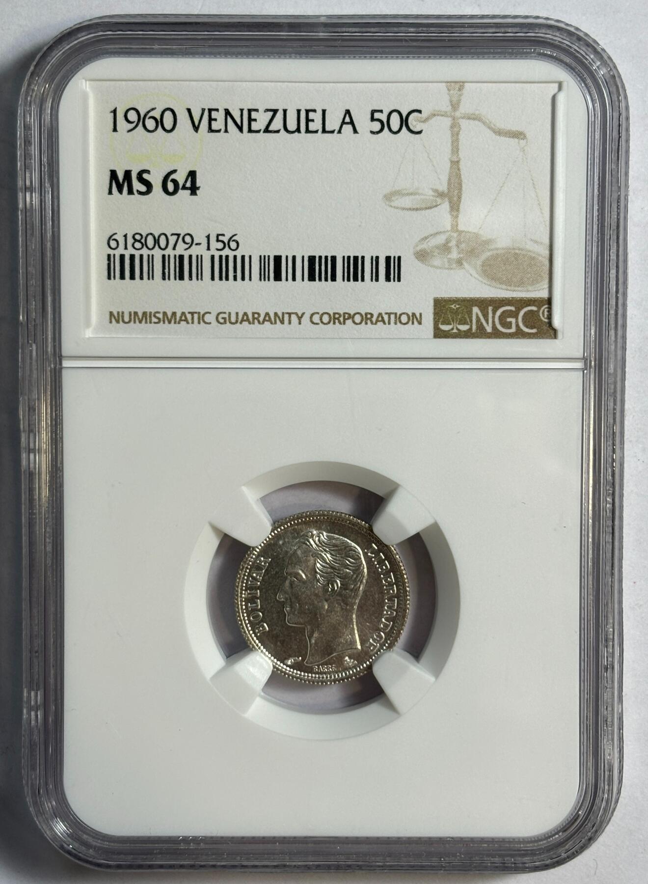 紫瑗钱币——第420期 委内瑞拉 1960年 玻利瓦尔 50分 银币 NGC MS64