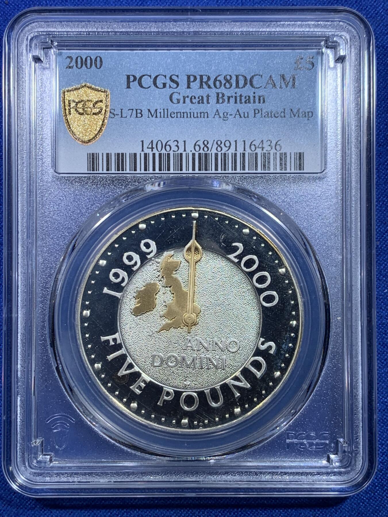 《竞宝斋》第279场- 周日，周一 ，周二3场连拍 （全场包邮） PCGS PR68DCAM 英国2000年千禧年5英镑镀金银币 单枚少见出自套币