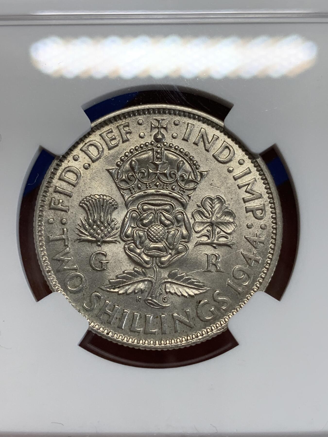 《竞宝斋》第279场- 周日，周一 ，周二3场连拍 （全场包邮） NGC UNCD 英国1944年乔治六世2先令银币