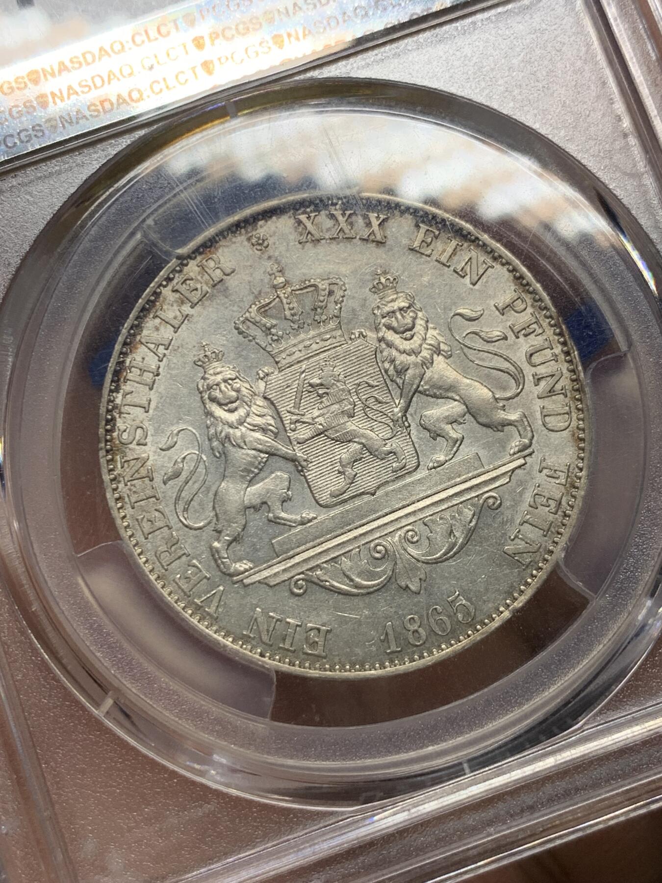 《竞宝斋》第279场- 周日，周一 ，周二3场连拍 （全场包邮） 冠军分！PCGS AU58 德国 1865年 黑森达姆施塔特 1泰勒银币 Stack拍卖2022/11/17成交价1186