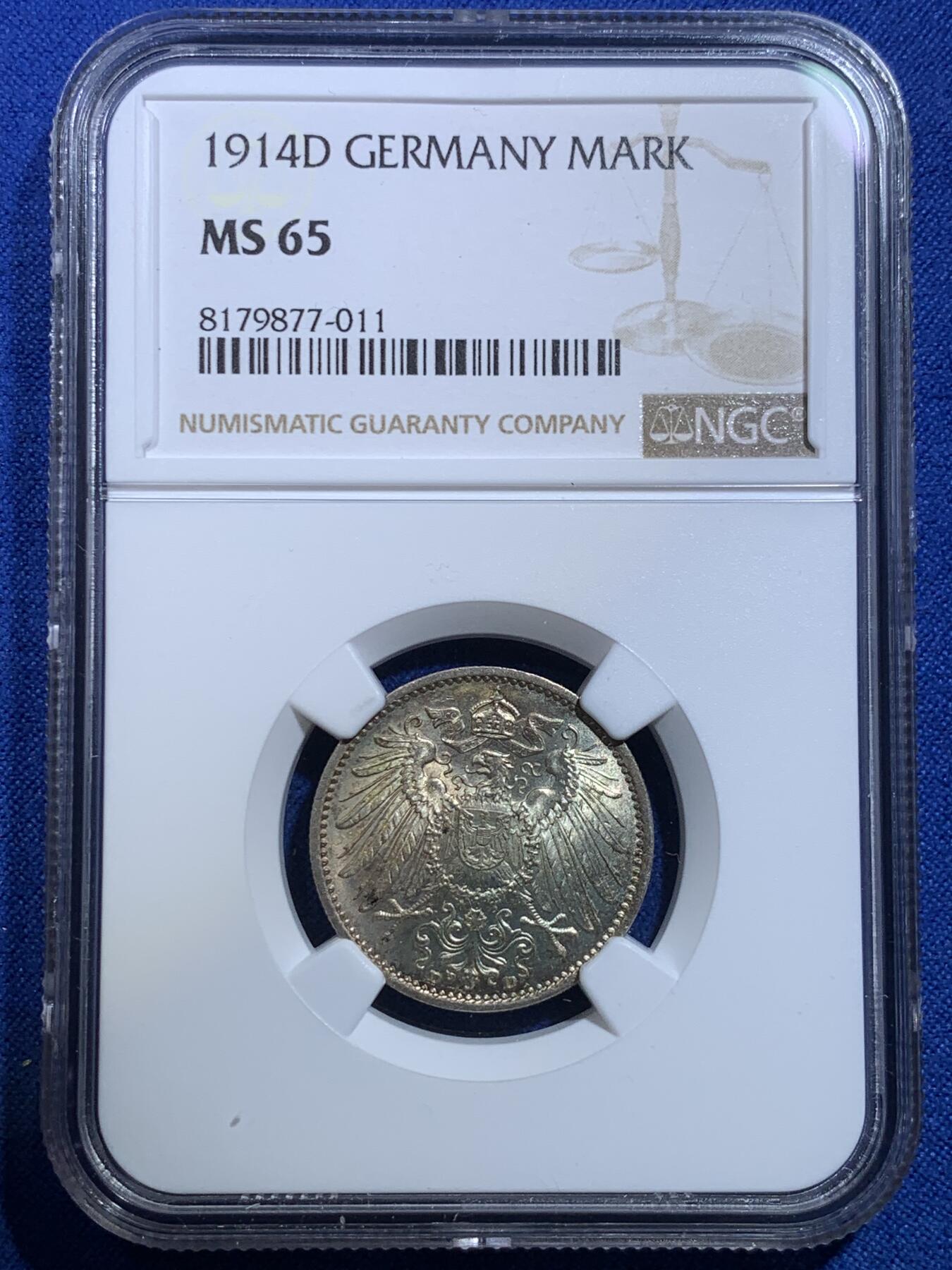 《竞宝斋》第279场- 周日，周一 ，周二3场连拍 （全场包邮） NGC-MS65 德国1914-D 1马克银币 转光特猛，浅黄油包浆，脱模剂依稀可见，出厂状态。