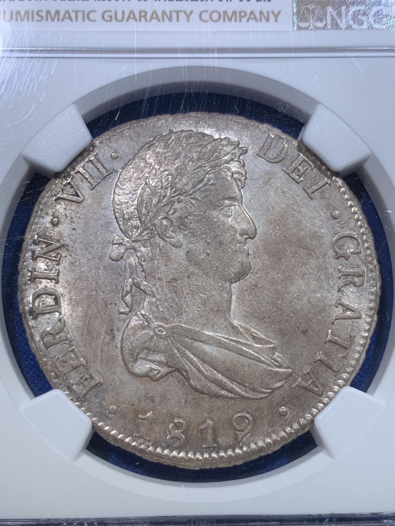《竞宝斋》第279场- 周日，周一 ，周二3场连拍 （全场包邮） NGC MS62 高分 西属玻利维亚1819年费迪南七世8里亚尔银币 正面底板转光丝滑 背面经典窖藏品相 少见品种
