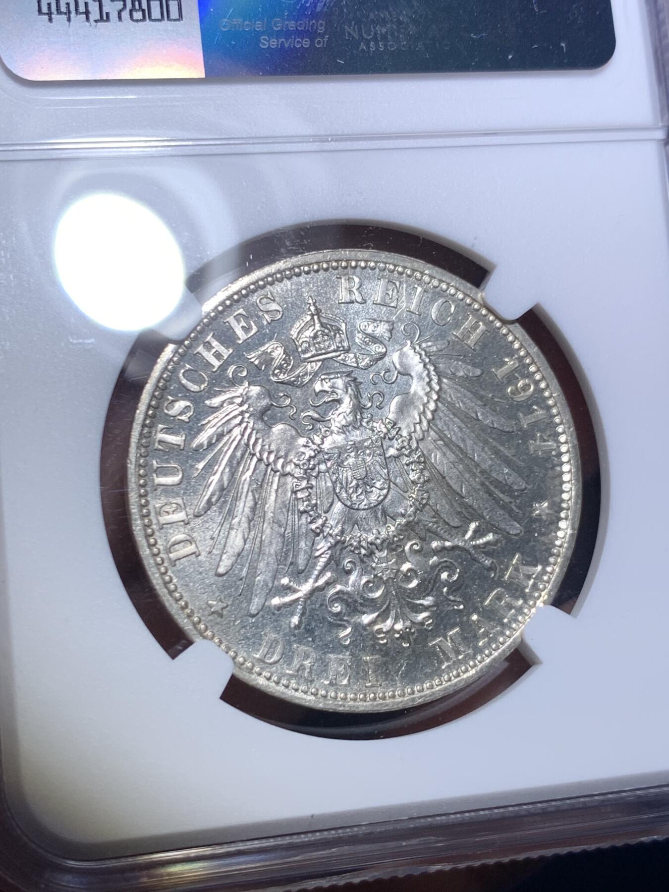 《竞宝斋》第280场- 周日，周一 ，周二3场连拍 （全场包邮） NGC MS64PL 1914年巴伐利亚路德维希国王3马克银币 类精制币，冠军分，无同分，极其少见