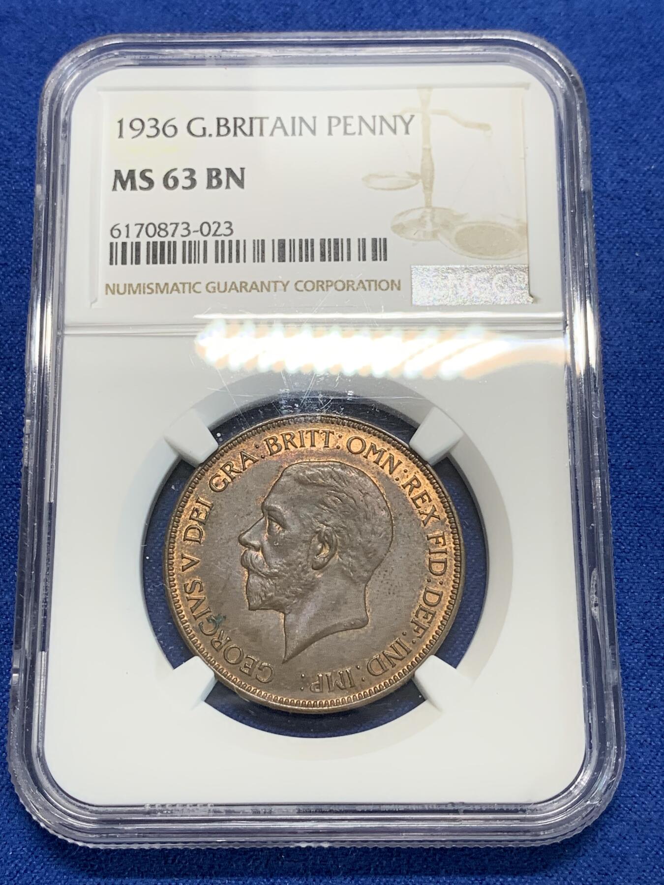 《竞宝斋》第280场- 周日，周一 ，周二3场连拍 （全场包邮） NGC MS63BN 英国1936年乔五1便士铜币