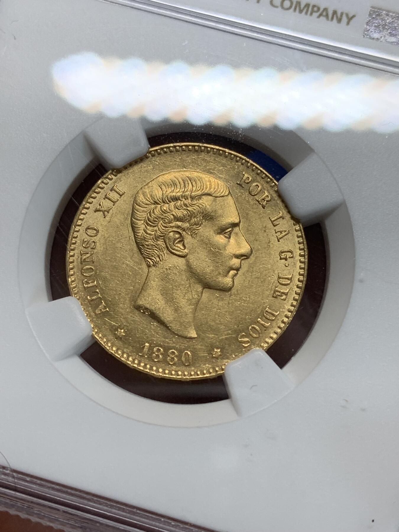 《竞宝斋》第280场- 周日，周一 ，周二3场连拍 （全场包邮） NGC UNC 西班牙 1880年 阿方索十二世 25比塞塔 金币 状态不错 细节见图