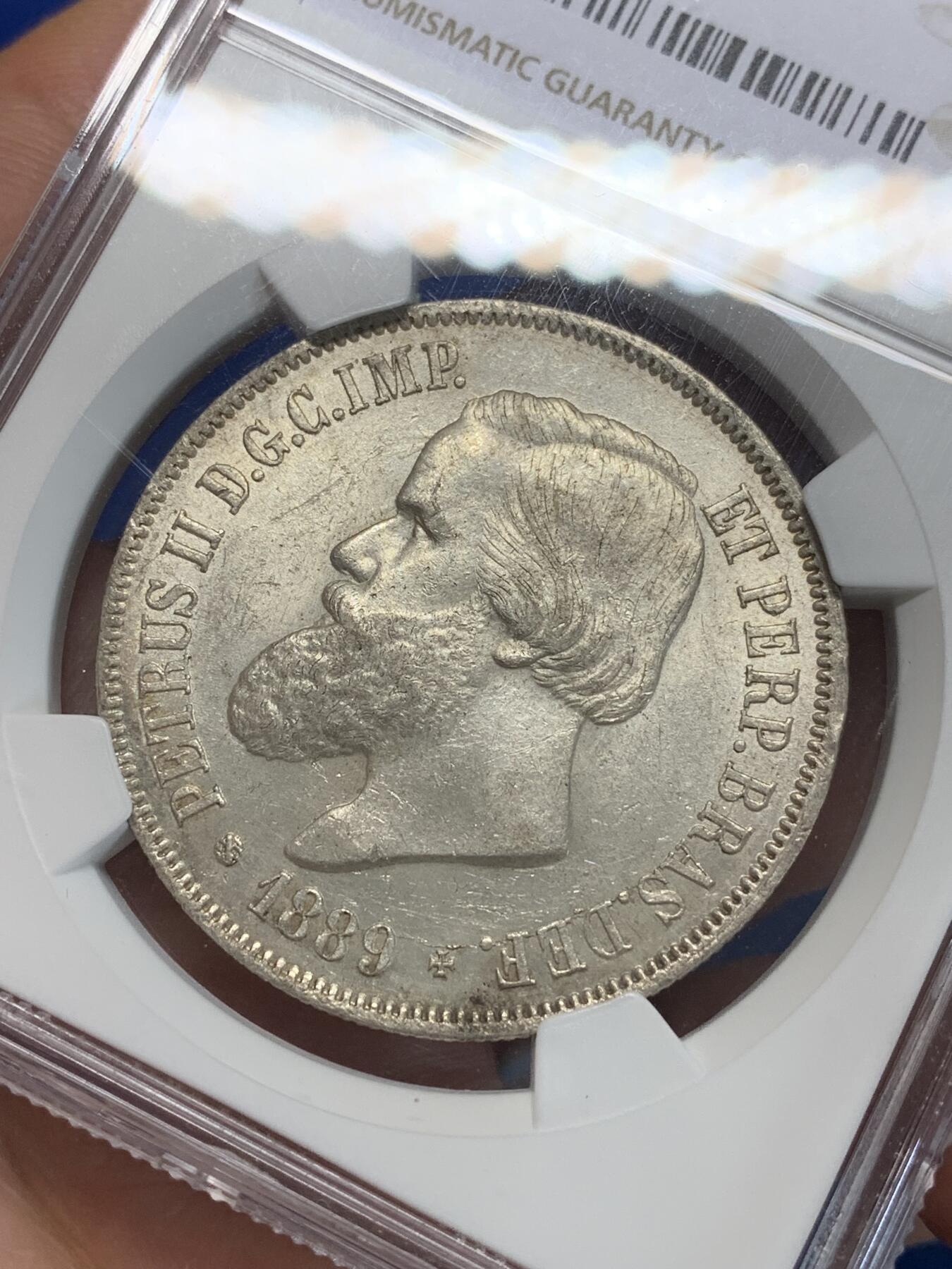 《竞宝斋》第280场- 周日，周一 ，周二3场连拍 （全场包邮） NGC MS63 巴西帝国 1889年 2000R 银币