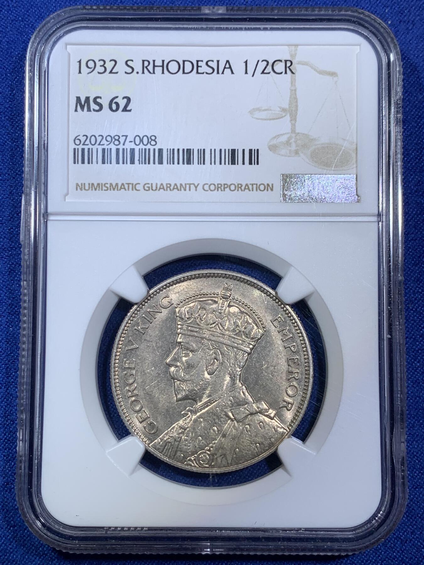 《竞宝斋》第280场- 周日，周一 ，周二3场连拍 （全场包邮） NGC MS62 南罗德西亚 半克朗银币 少见品种