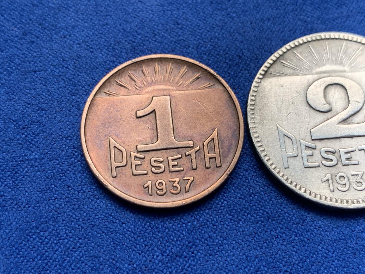 《竞宝斋》第280场- 周日，周一 ，周二3场连拍 （全场包邮） 西班牙1937年内战时期阿斯图里亚斯和莱昂省 1、2比塞塔