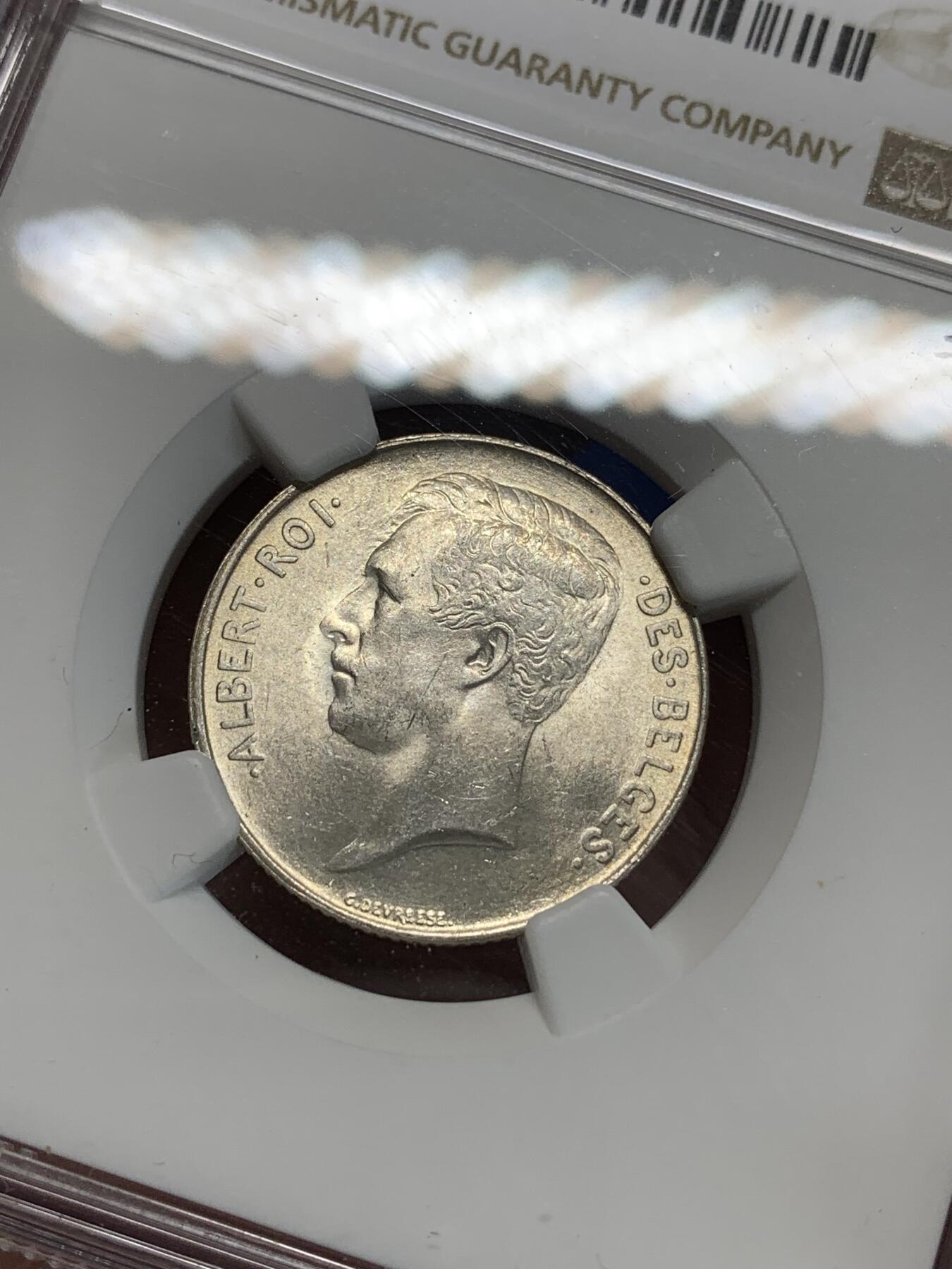 《竞宝斋》第280场- 周日，周一 ，周二3场连拍 （全场包邮） NGC MS62 比利时 1914年 阿尔贝托国王 1法郎 银币