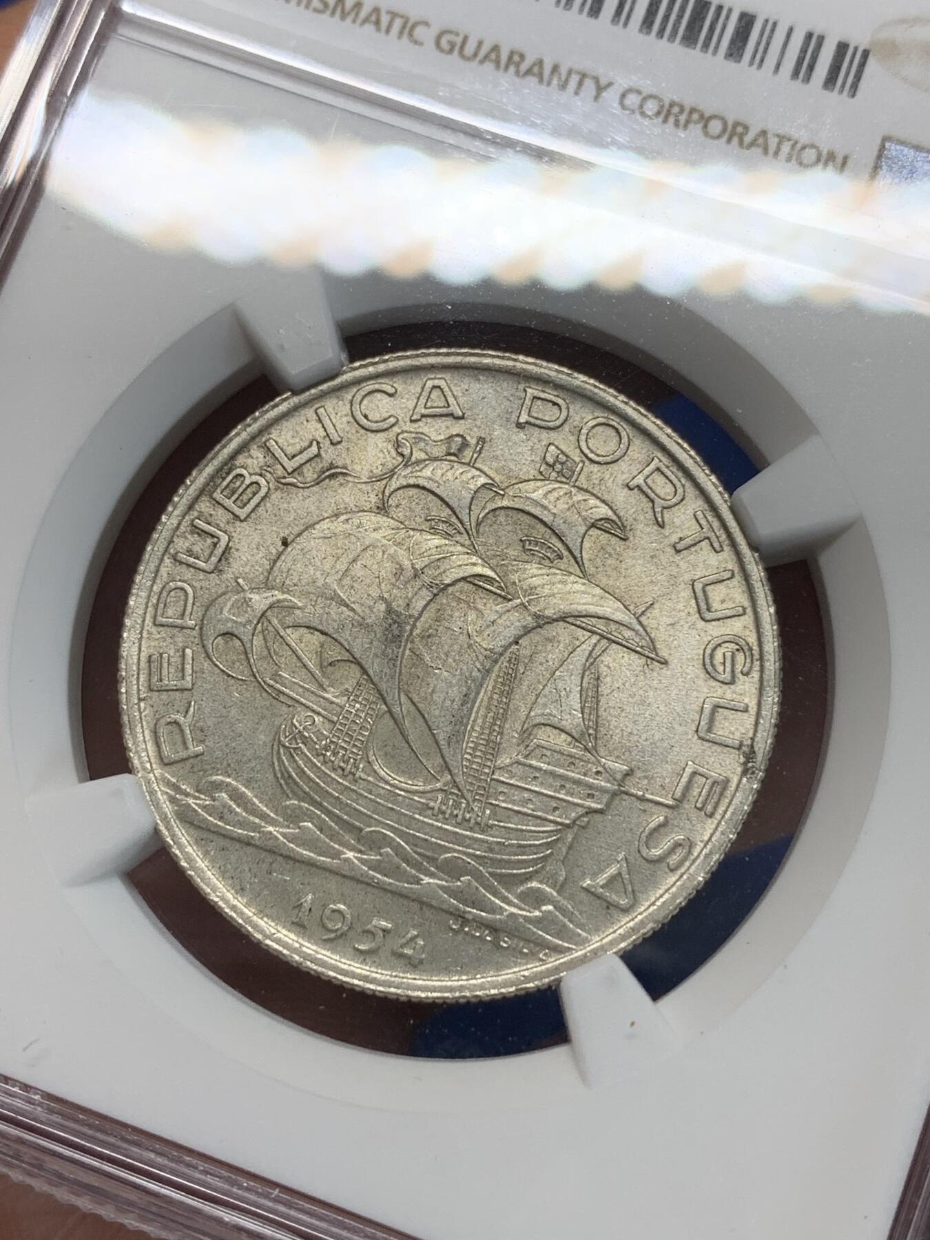 《竞宝斋》第280场- 周日，周一 ，周二3场连拍 （全场包邮） NGC MS64 葡萄牙1954年大帆船10埃斯库多银币