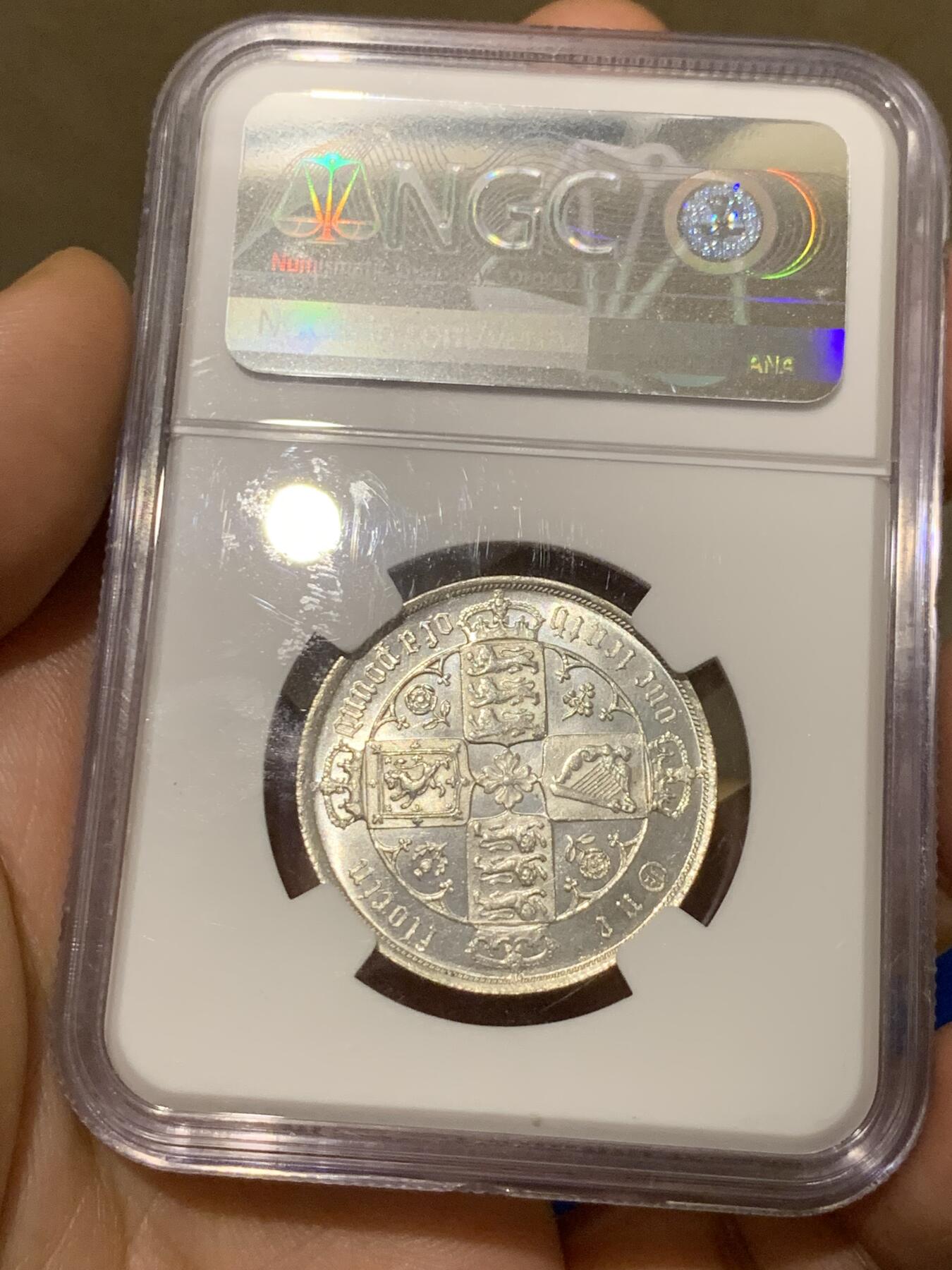 《竞宝斋》第280场- 周日，周一 ，周二3场连拍 （全场包邮） NGC MS62 英国 1886年 维多利亚女王 哥特版佛罗林 银币 PL感十足