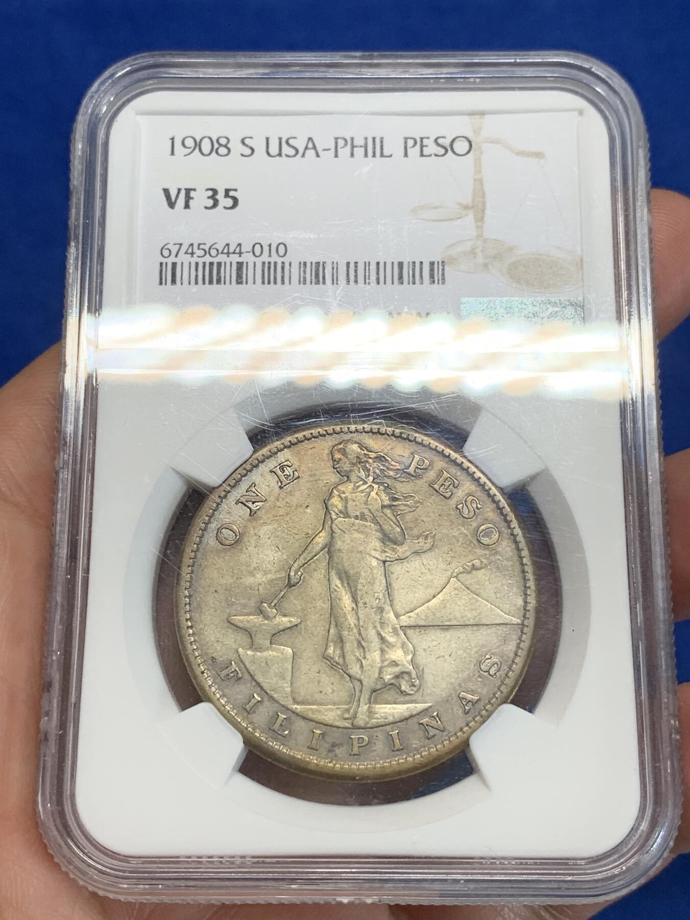 《竞宝斋》第280场- 周日，周一 ，周二3场连拍 （全场包邮） NGC VF35 美属菲律宾 1908年 1比索 打铁女神 银币