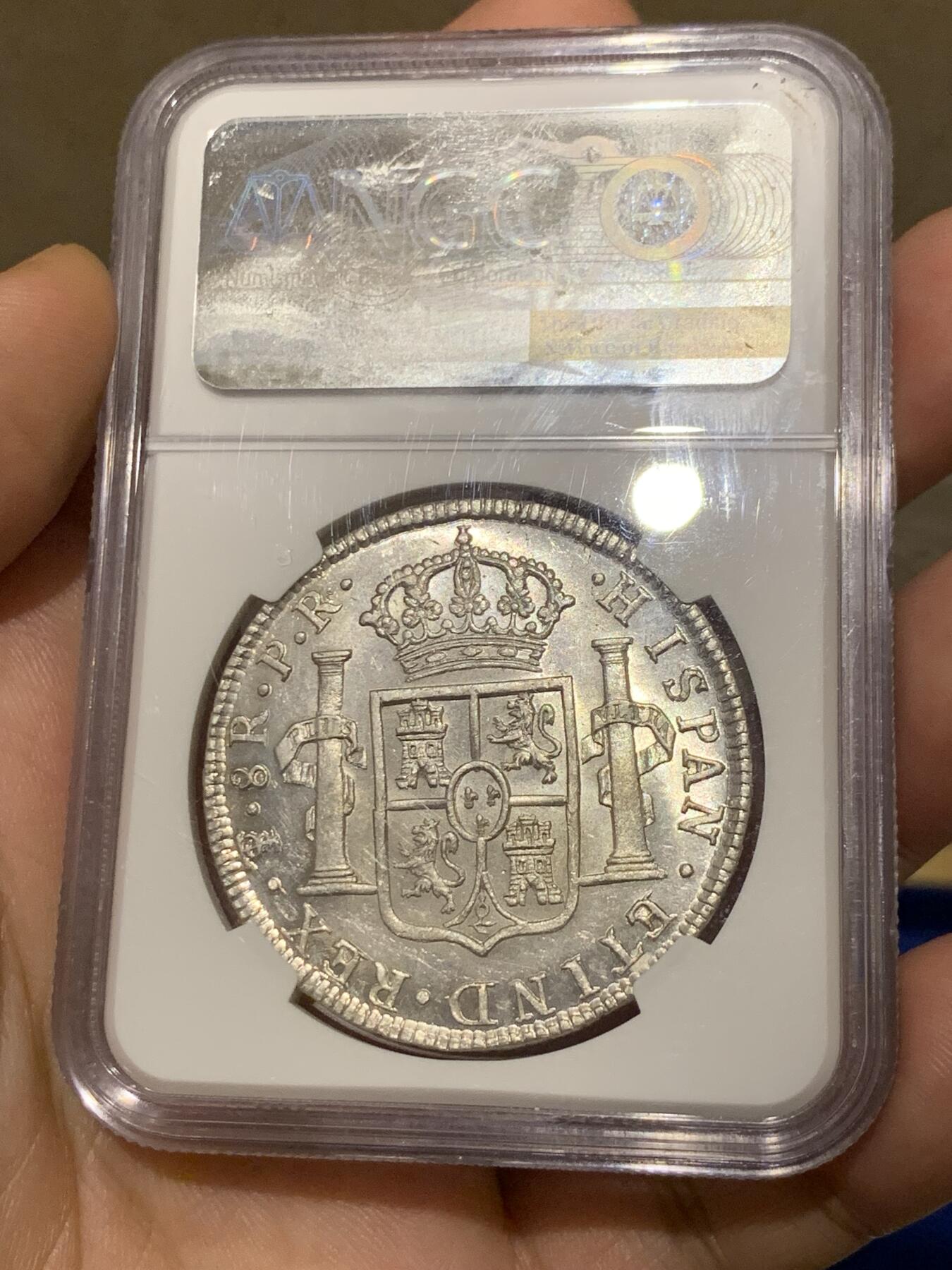 《竞宝斋》第280场- 周日，周一 ，周二3场连拍 （全场包邮） NGC MS62 玻利维亚1777卡三双柱银币 双面深打 底板原光车轮转光 细节近乎完美 外拍大热品种 人像面复打