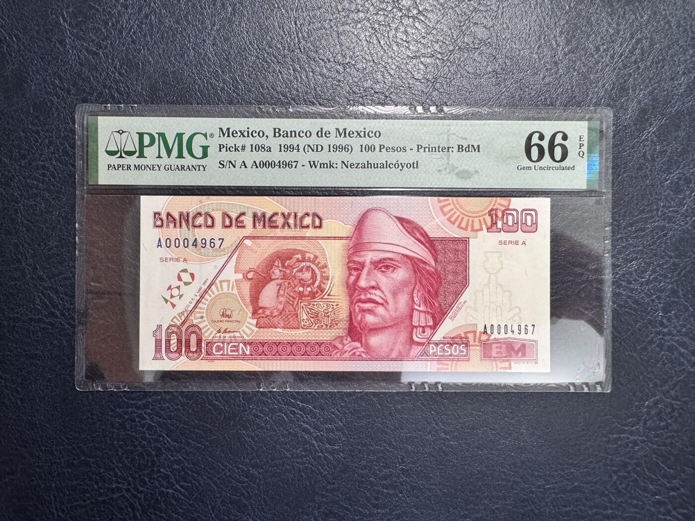 收藏联盟Quantum Auction 第354期拍卖  墨西哥1994年100比索首发AA冠千位号  PMG66 