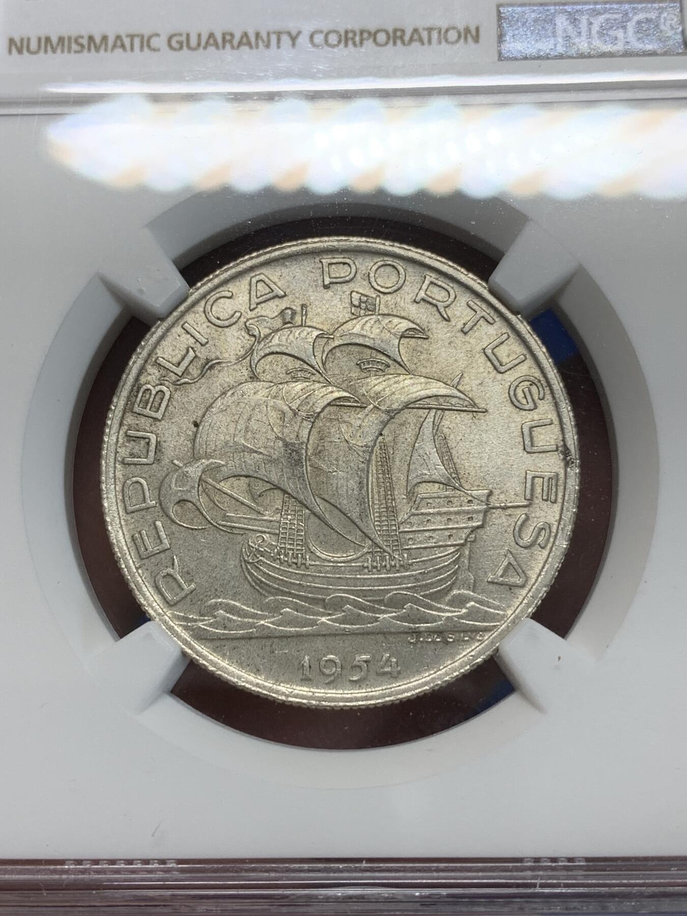 《竞宝斋》第280场- 周日，周一 ，周二3场连拍 （全场包邮） NGC MS64 葡萄牙1954年大帆船10埃斯库多银币