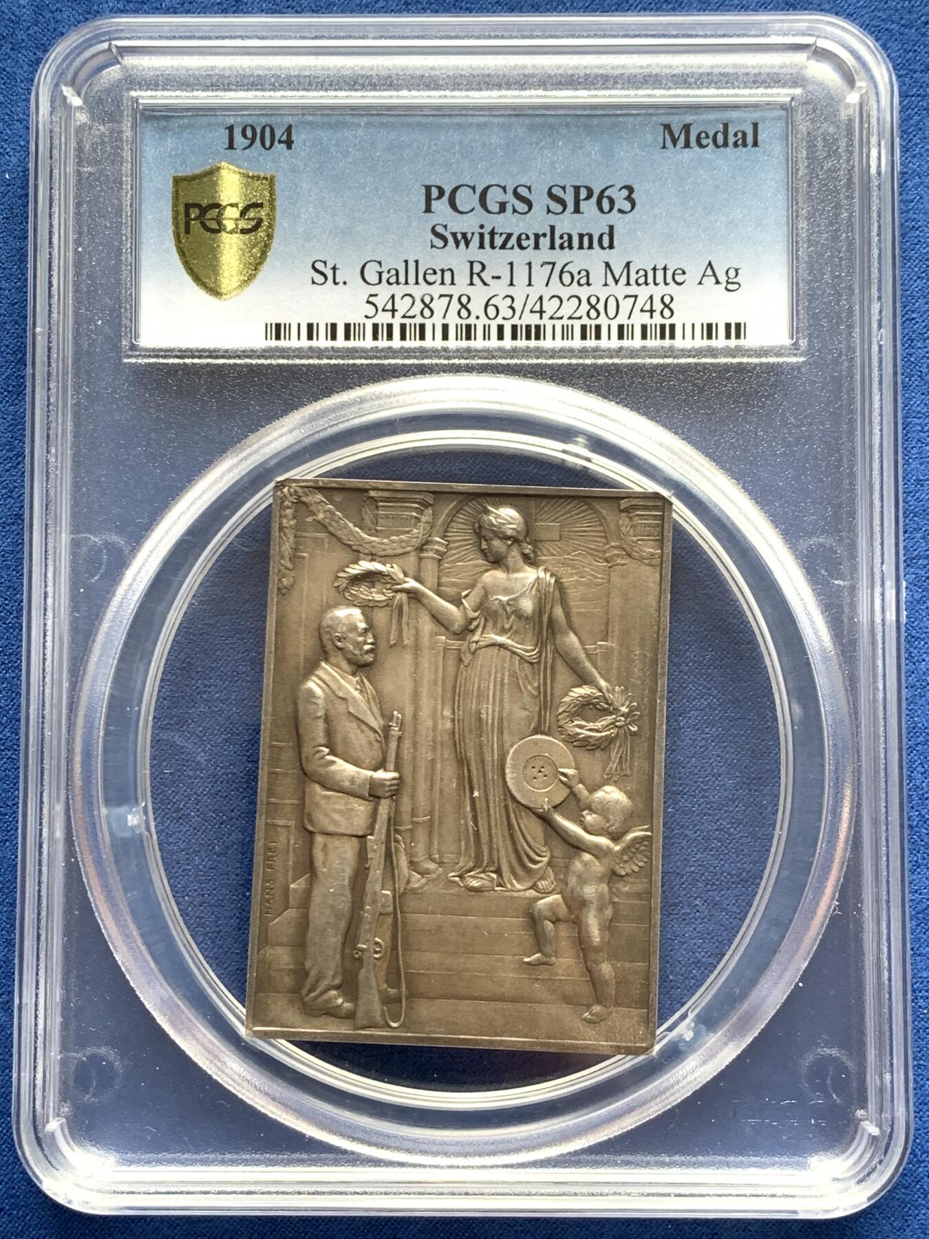 《竞宝斋》第280场- 周日，周一 ，周二3场连拍 （全场包邮） PCGS SP63 1904年瑞士圣加仑射击节 少见方形大银章 原味包浆