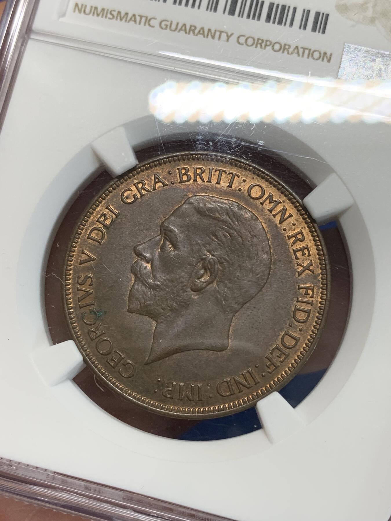 《竞宝斋》第280场- 周日，周一 ，周二3场连拍 （全场包邮） NGC MS63BN 英国1936年乔五1便士铜币