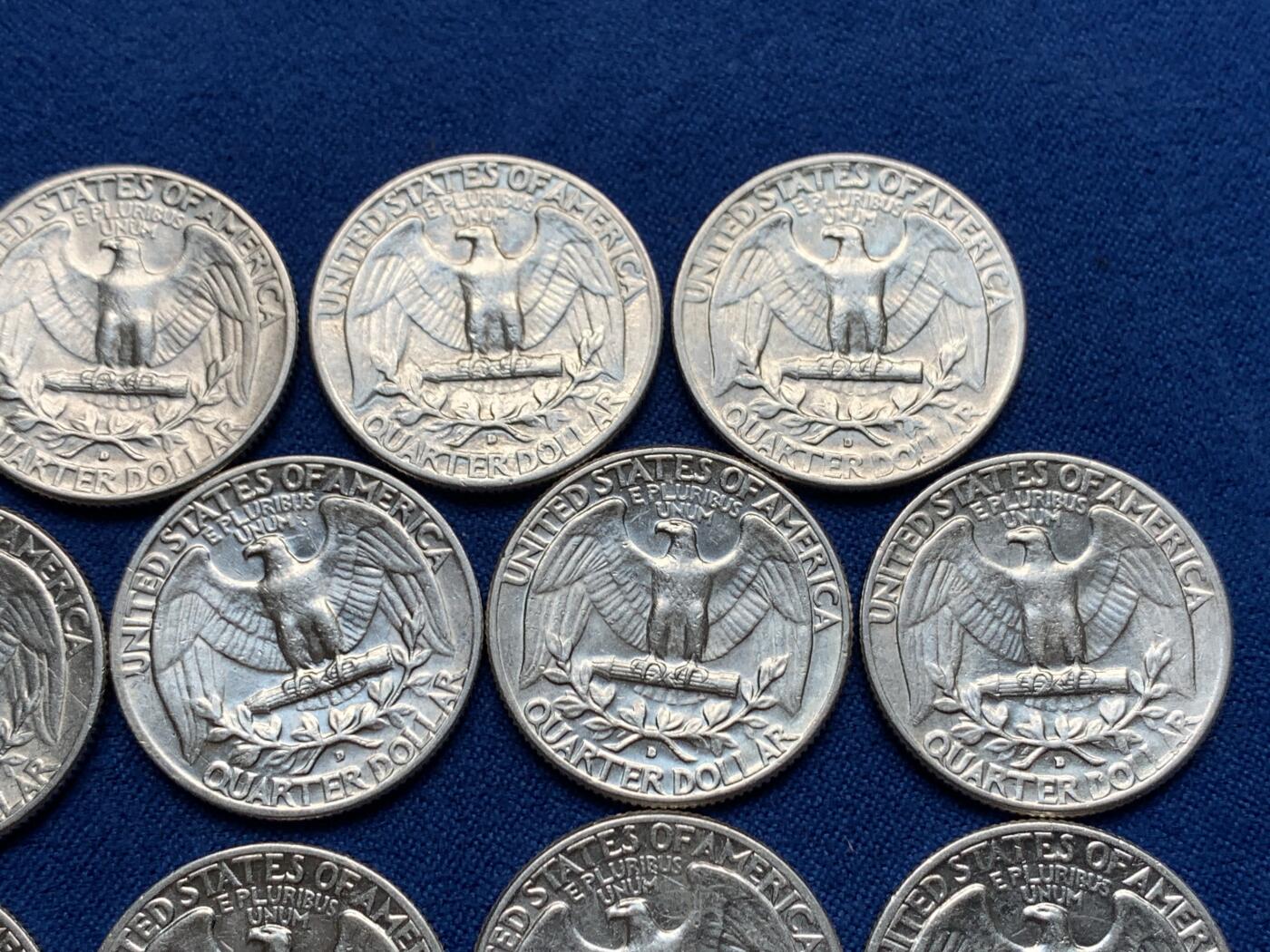 《竞宝斋》第280场- 周日，周一 ，周二3场连拍 （全场包邮） 14枚一组 1964年美国华盛顿25美分银币 重6.25克 900银 合计纯银78.75克