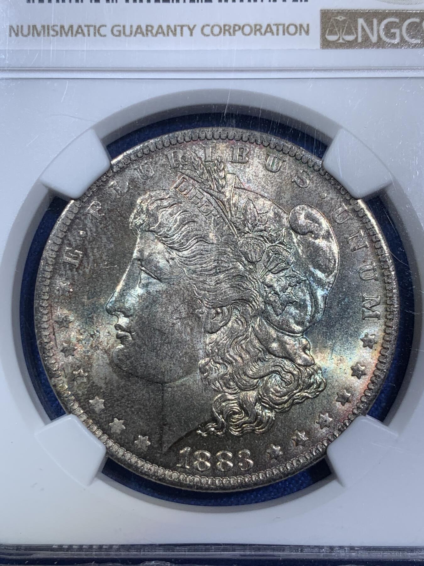 《竞宝斋》第280场- 周日，周一 ，周二3场连拍 （全场包邮） NGC MS64 美国1883年O版摩根 少见蓝彩人面 状态不错