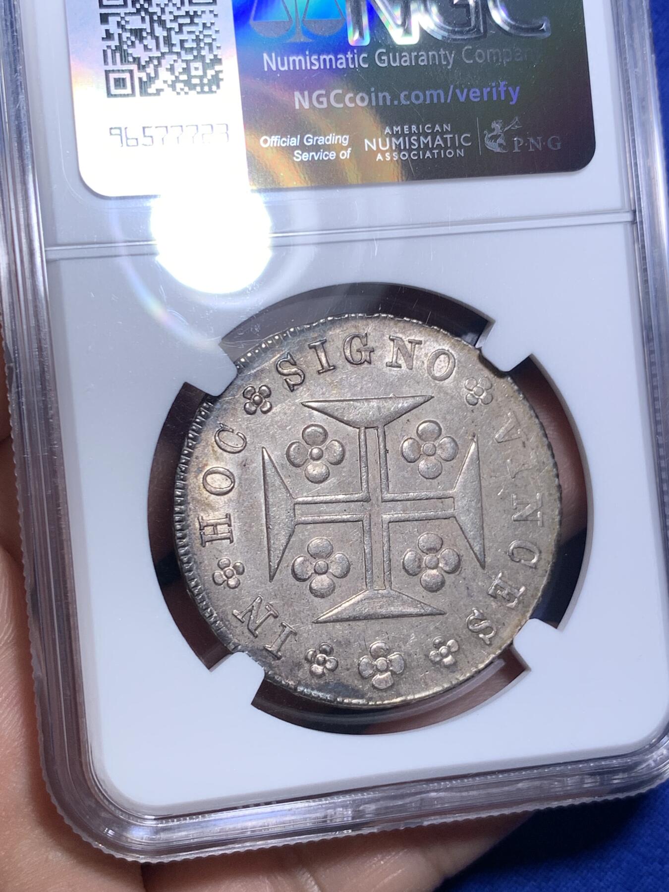 《竞宝斋》第280场- 周日，周一 ，周二3场连拍 （全场包邮） NGC MS62 葡萄牙1836年玛丽二世400R十字银币 淡金彩底板