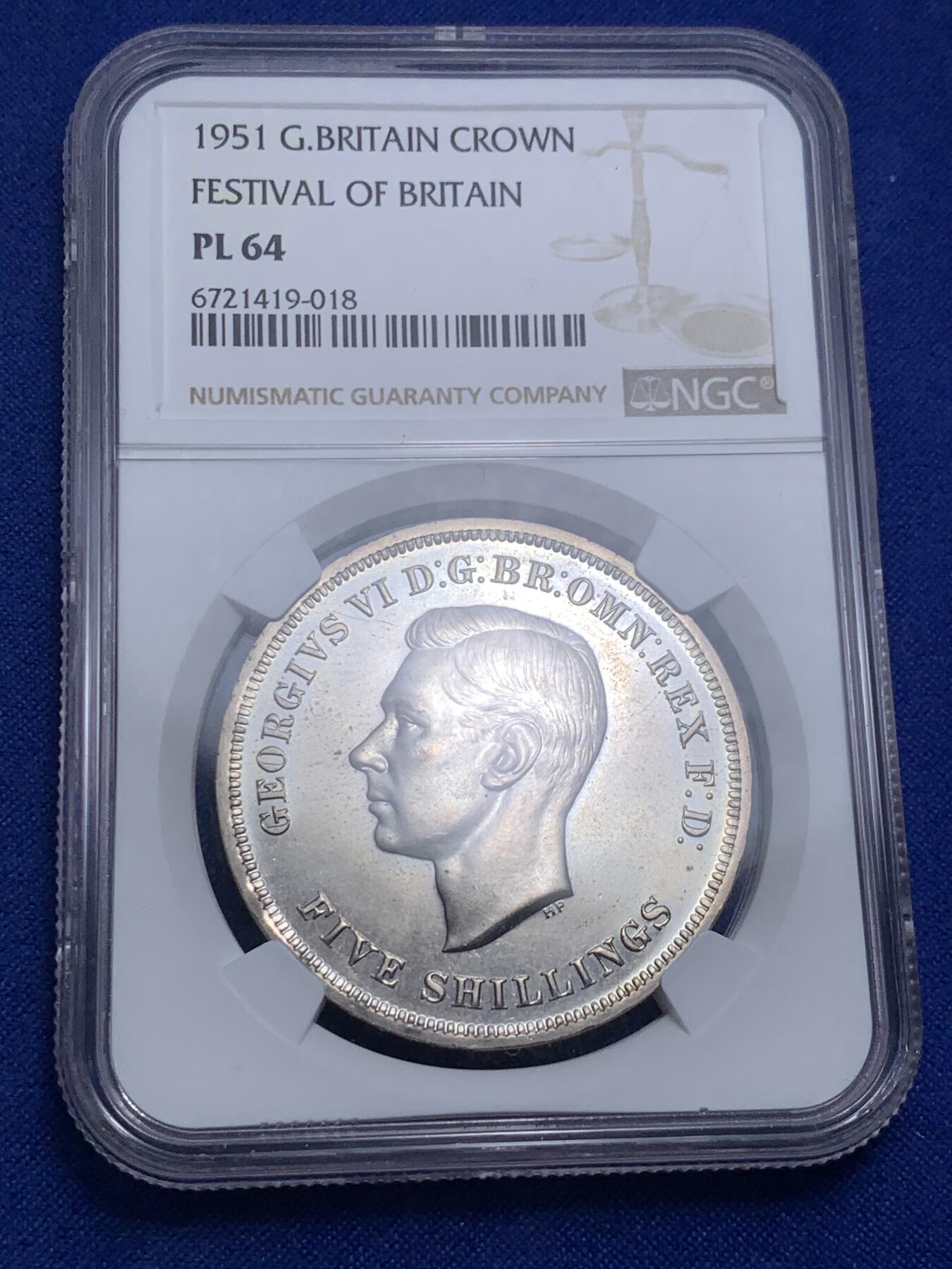 《竞宝斋》第280场- 周日，周一 ，周二3场连拍 （全场包邮） NGC PL64 英国1951年乔治六世克朗 最后的镍马剑