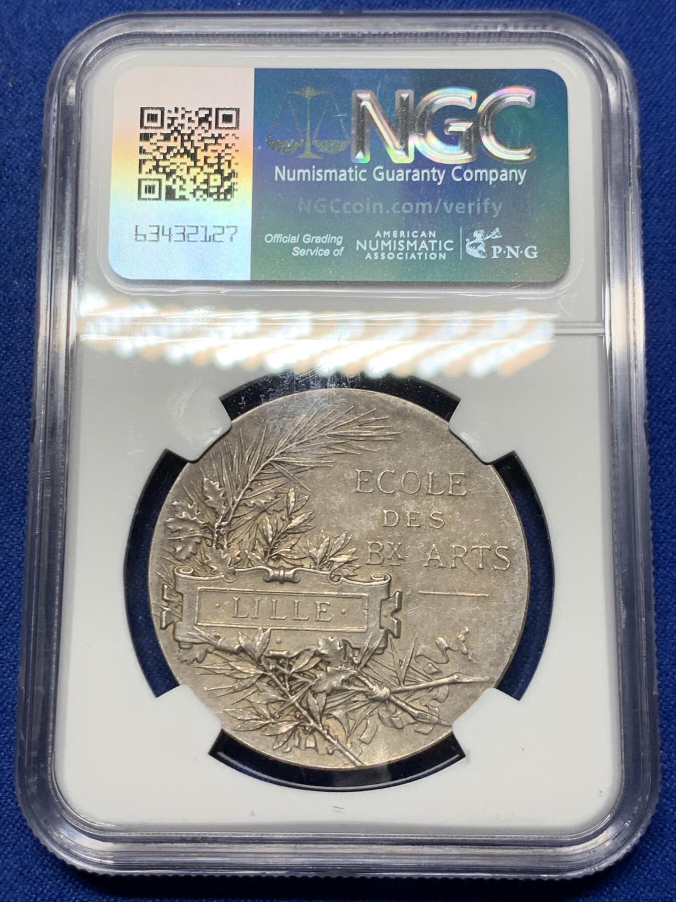 《竞宝斋》第281场- 周日，周一 ，周二3场连拍 （全场包邮） NGC-MS62 法国银代币，里尔艺术学院