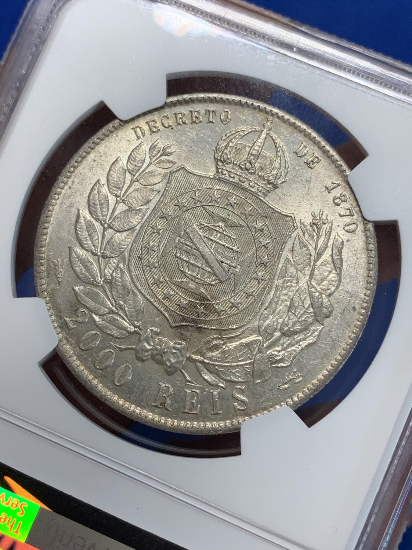 《竞宝斋》第280场- 周日，周一 ，周二3场连拍 （全场包邮） NGC MS63 巴西帝国 1889年 2000R 银币