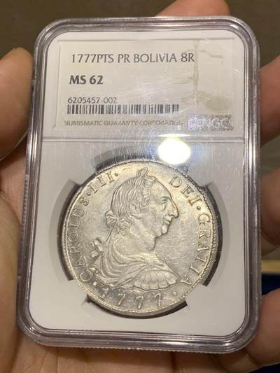 《竞宝斋》第280场- 周日，周一 ，周二3场连拍 （全场包邮） - NGC MS62 玻利维亚1777卡三双柱银币 双面深打 底板原光车轮转光 细节近乎完美 外拍大热品种 人像面复打