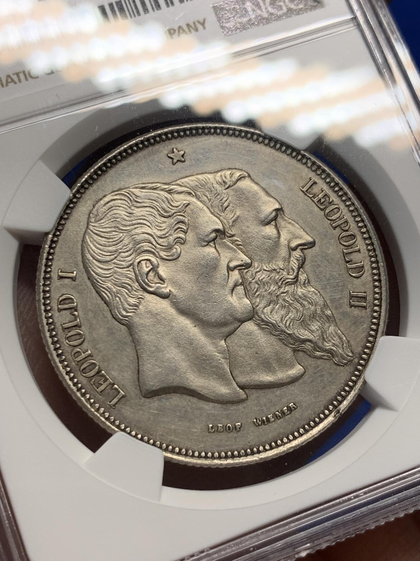 《竞宝斋》第280场- 周日，周一 ，周二3场连拍 （全场包邮） NGC UNC 1880 比利时 独立纪念5法郎大银 PL底板 细节非常好