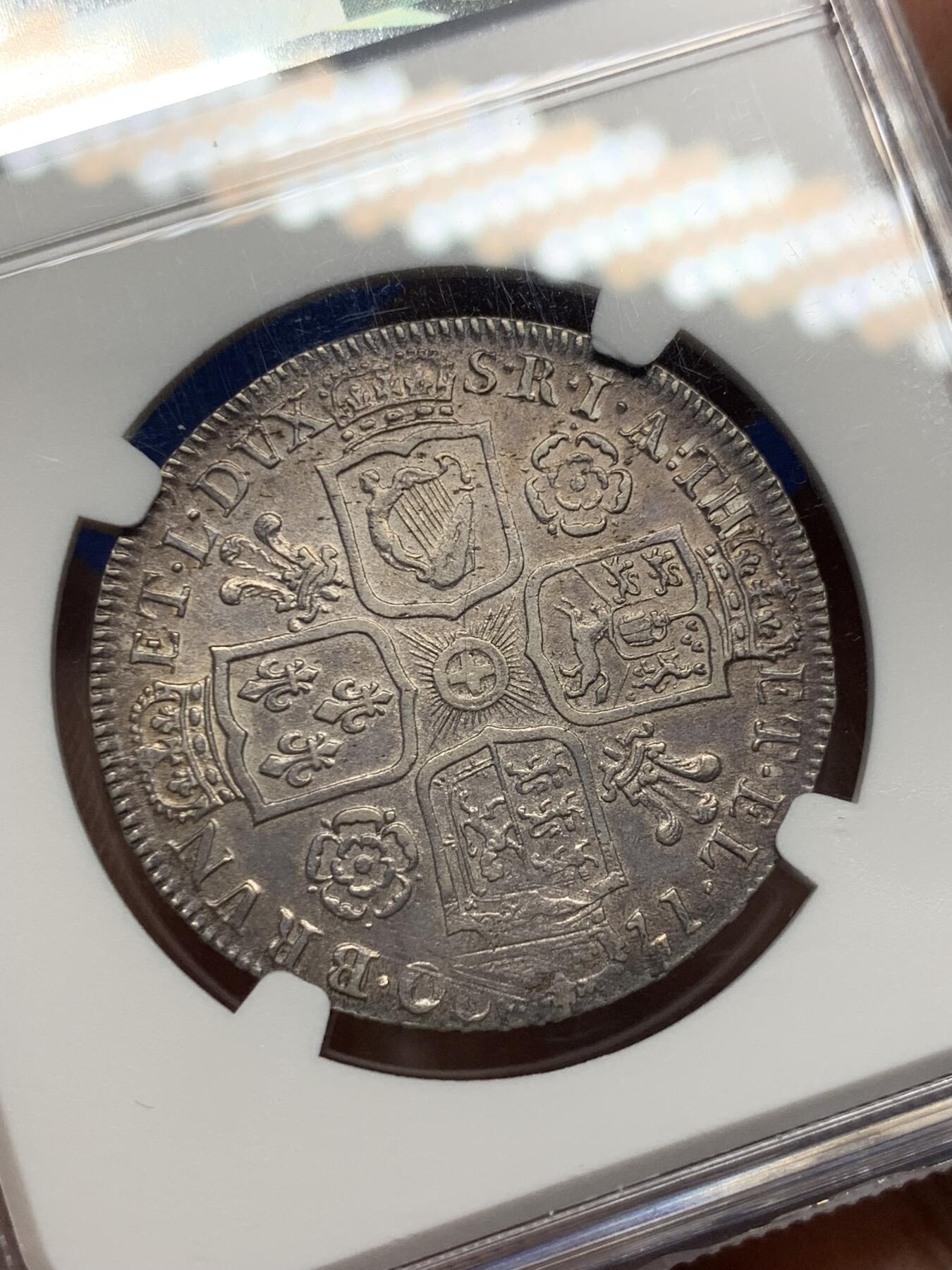 《竞宝斋》第280场- 周日，周一 ，周二3场连拍 （全场包邮） NGC XF45 英国1720乔治一世半克朗银币 克劳斯目录书中原物 克书XF品相定价1125美元 最新同分成交价接近2000美元 极其稀少的品种